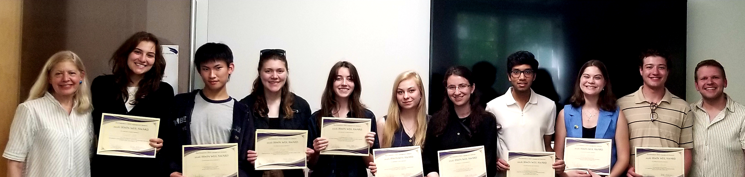 Students who won the Irwin Weil award flanked by Alice Weil and Director of Undergraduate Studies, Professor Michał Wilczewski, at the Slavic Year End reception.